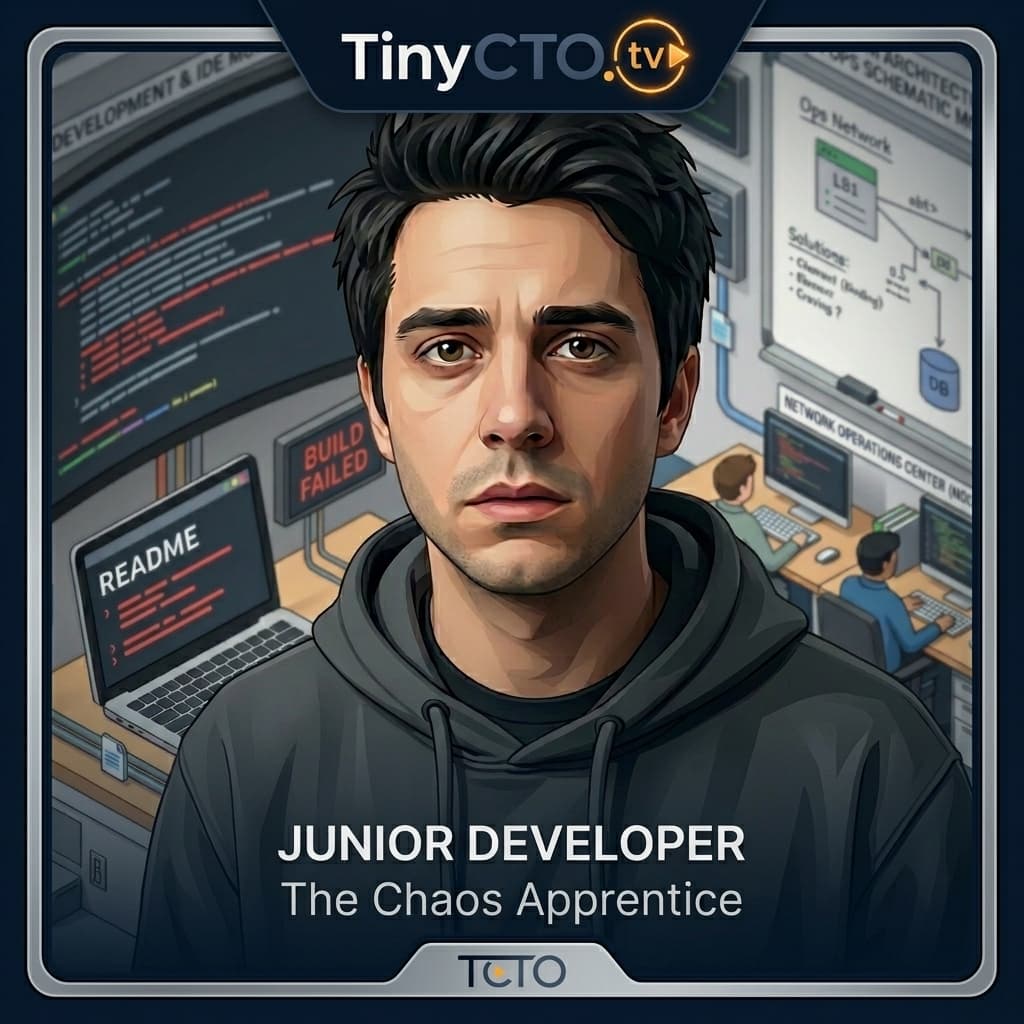 Junior Developer, Young adult sincere developer discovering production reality; helper/audience surrogate. — Tiny CTO: The Chaos Stack character in Isometric style.