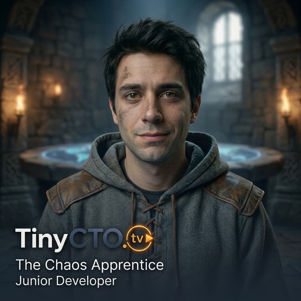 Junior Developer, Young adult sincere developer discovering production reality; helper/audience surrogate. — Tiny CTO: The Chaos Stack character in Middle World style.