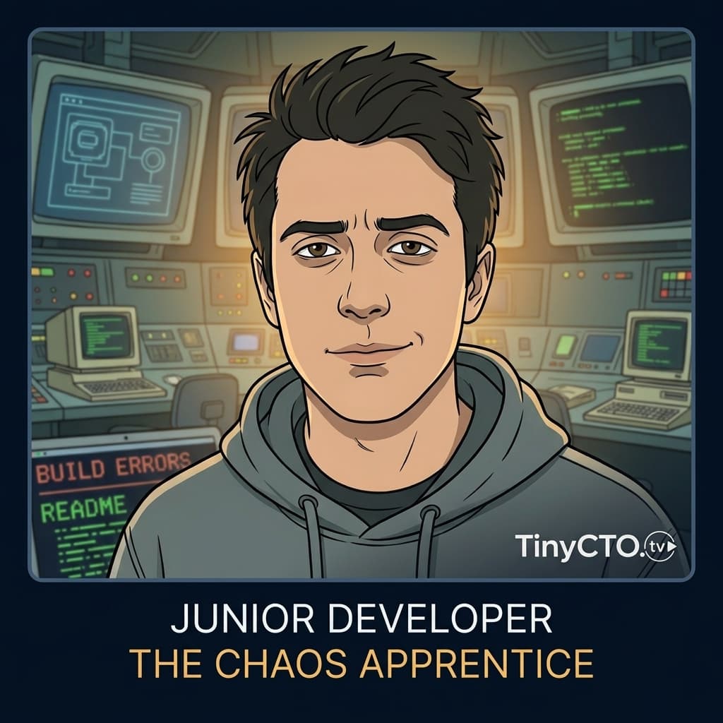 Junior Developer, Young adult sincere developer discovering production reality; helper/audience surrogate. — Tiny CTO: The Chaos Stack character in Retro style.