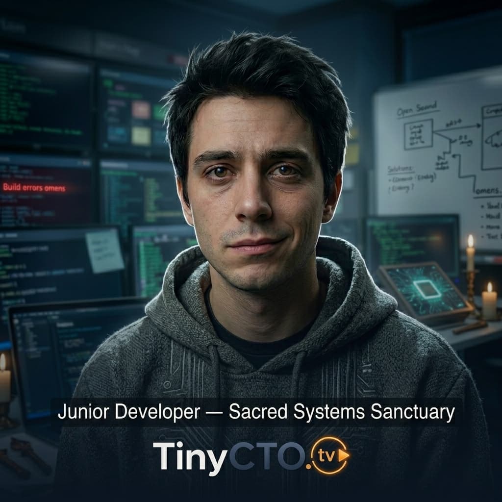 Junior Developer, Young adult sincere developer discovering production reality; helper/audience surrogate. — Tiny CTO: The Chaos Stack character in Sacred Systems style.