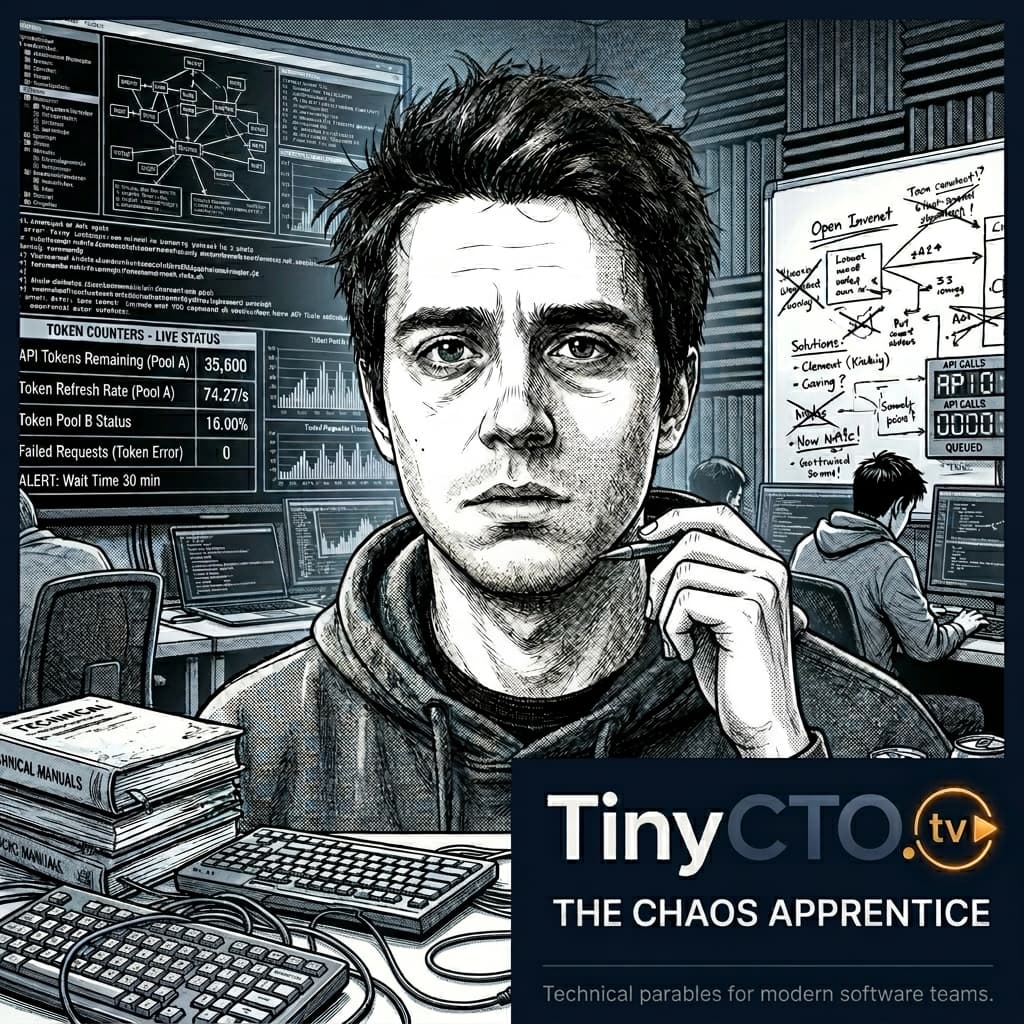 Junior Developer, Young adult sincere developer discovering production reality; helper/audience surrogate. — Tiny CTO: The Chaos Stack character in Seinen style.