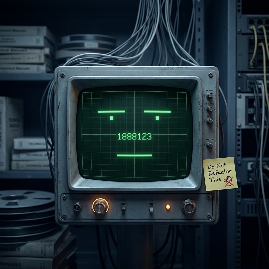Mono, Legacy monolith embodied as an old enterprise server; hidden business-rule survivor. — Tiny CTO: The Chaos Stack character in Tech Noir style.