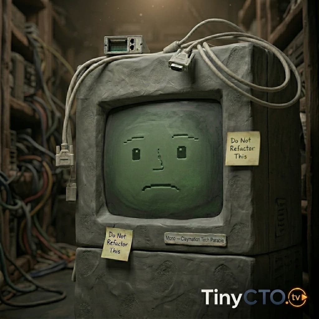 Mono, Legacy monolith embodied as an old enterprise server; hidden business-rule survivor. — Tiny CTO: The Chaos Stack character in Claymation style.