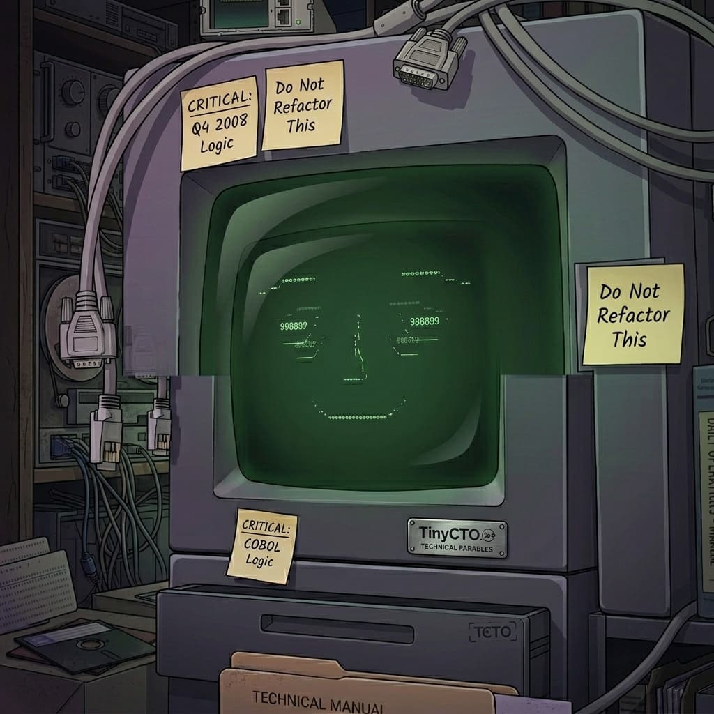 Mono, Legacy monolith embodied as an old enterprise server; hidden business-rule survivor. — Tiny CTO: The Chaos Stack character in Motion Explainer style.