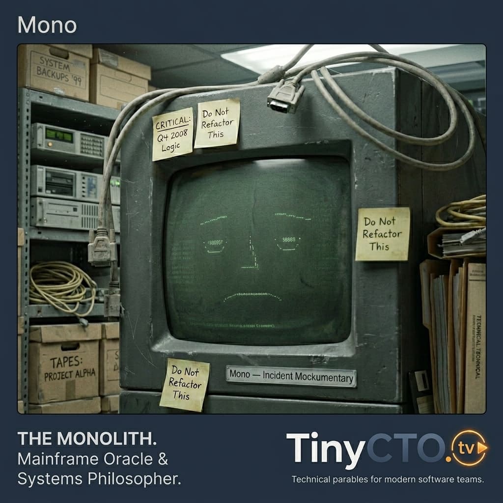 Mono, Legacy monolith embodied as an old enterprise server; hidden business-rule survivor. — Tiny CTO: The Chaos Stack character in Mockumentary style.