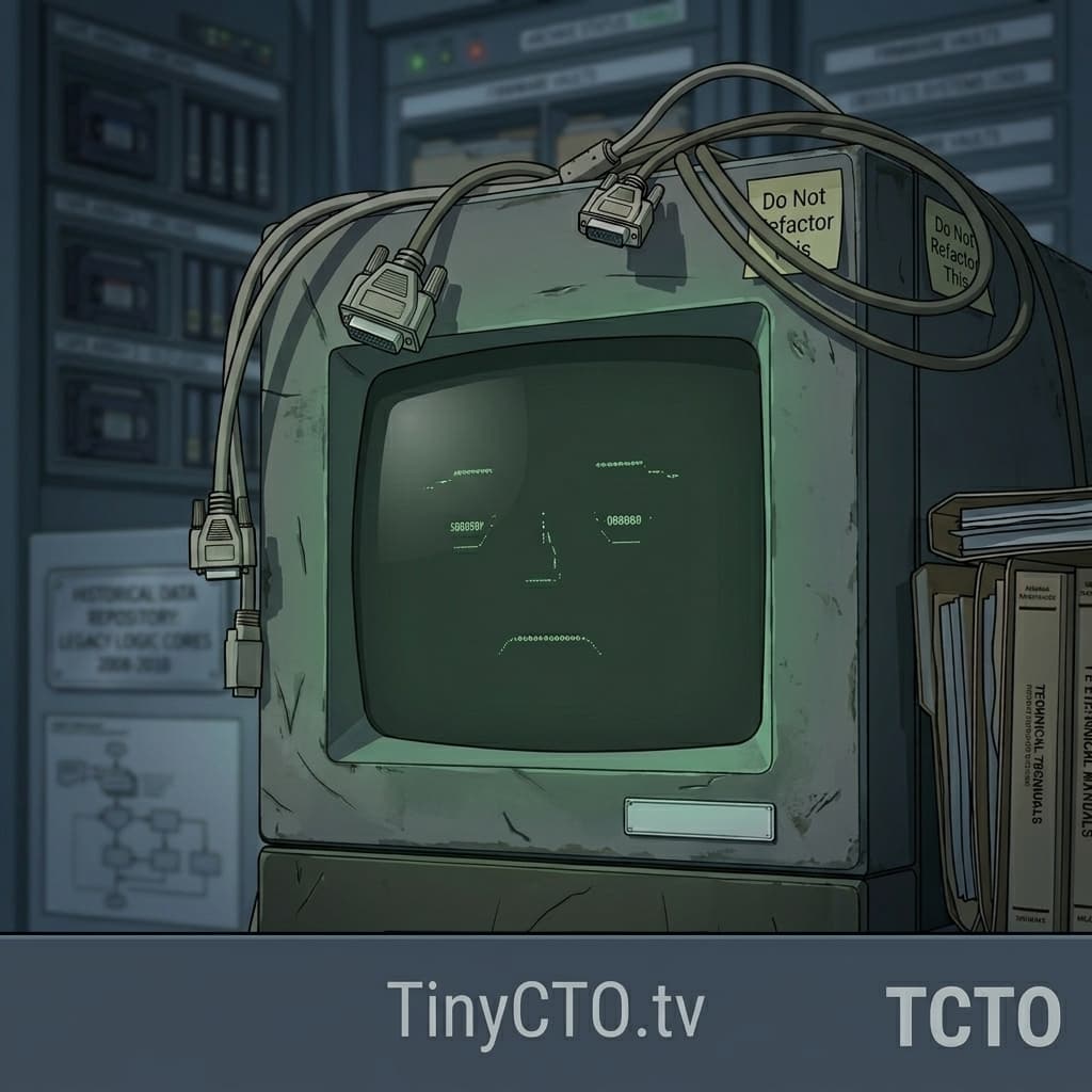 Mono, Legacy monolith embodied as an old enterprise server; hidden business-rule survivor. — Tiny CTO: The Chaos Stack character in Isometric style.