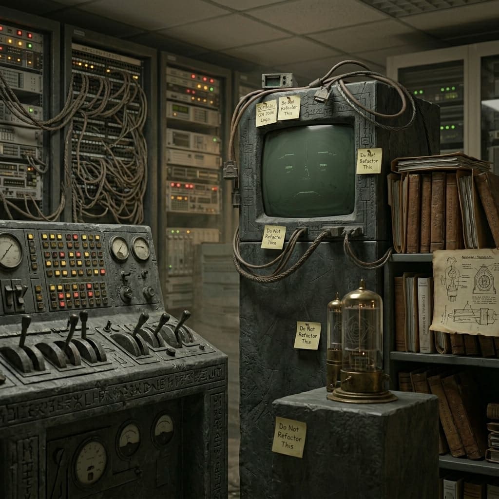 Mono, Legacy monolith embodied as an old enterprise server; hidden business-rule survivor. — Tiny CTO: The Chaos Stack character in Middle World style.