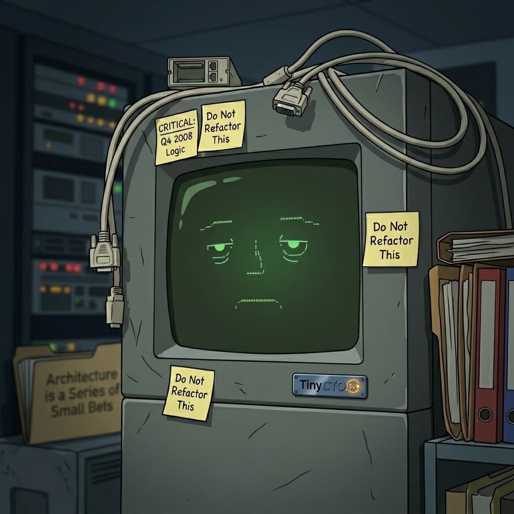 Mono, Legacy monolith embodied as an old enterprise server; hidden business-rule survivor. — Tiny CTO: The Chaos Stack character in Retro style.
