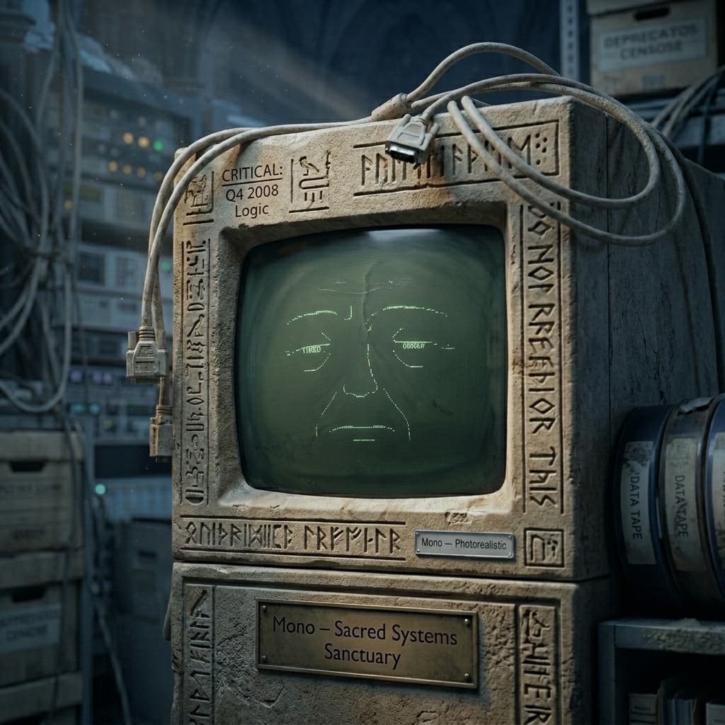 Mono, Legacy monolith embodied as an old enterprise server; hidden business-rule survivor. — Tiny CTO: The Chaos Stack character in Sacred Systems style.