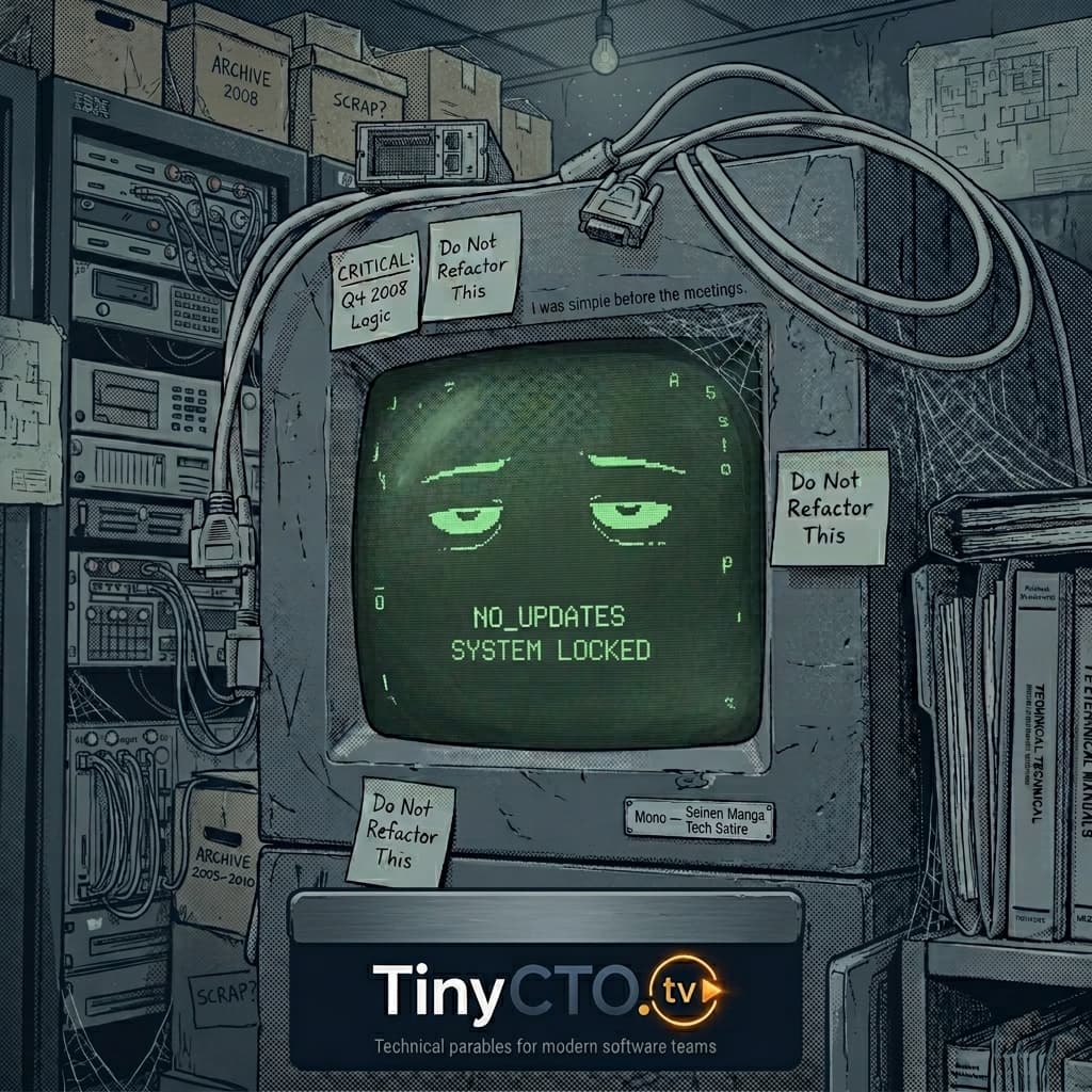 Mono, Legacy monolith embodied as an old enterprise server; hidden business-rule survivor. — Tiny CTO: The Chaos Stack character in Seinen style.