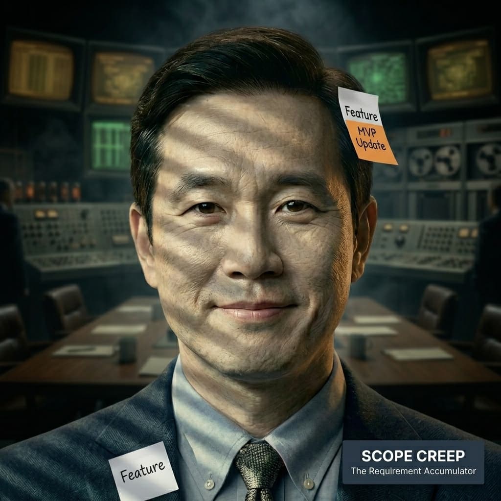 Scope Creep, Adult East Asian male-presenting character representing requirement drift, scope expansion, MVP bloat, delivery risk, and vague roadmap growth. — Tiny CTO: The Chaos Stack character in Tech Noir style.