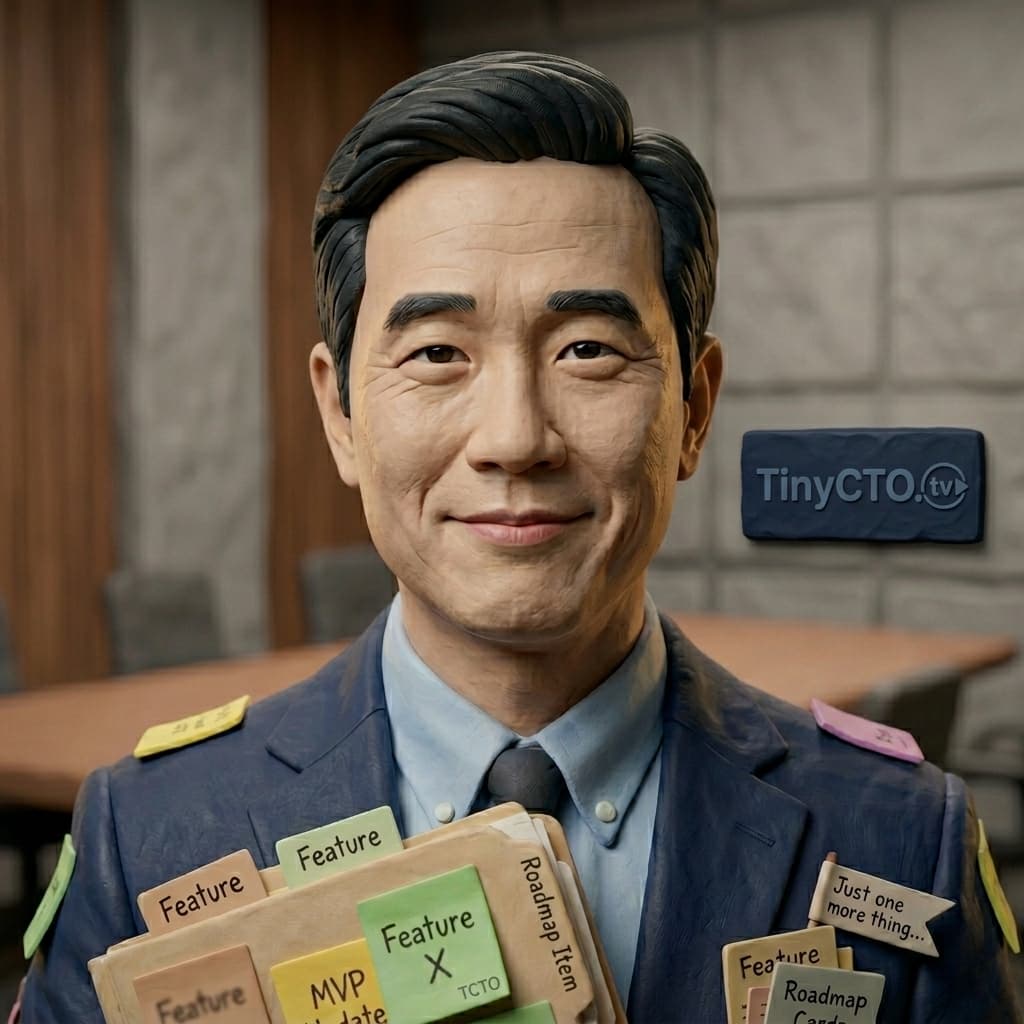 Scope Creep, Adult East Asian male-presenting character representing requirement drift, scope expansion, MVP bloat, delivery risk, and vague roadmap growth. — Tiny CTO: The Chaos Stack character in Claymation style.