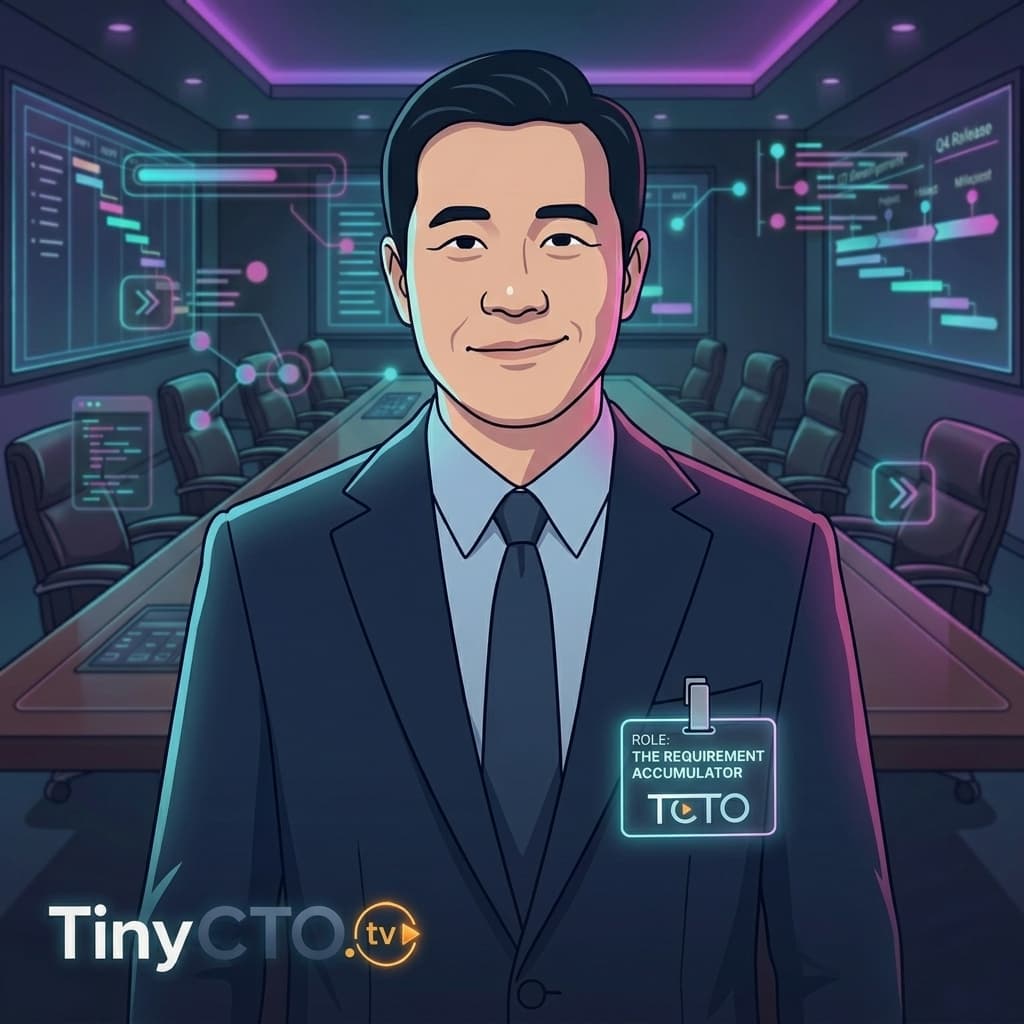 Scope Creep, Adult East Asian male-presenting character representing requirement drift, scope expansion, MVP bloat, delivery risk, and vague roadmap growth. — Tiny CTO: The Chaos Stack character in Motion Explainer style.