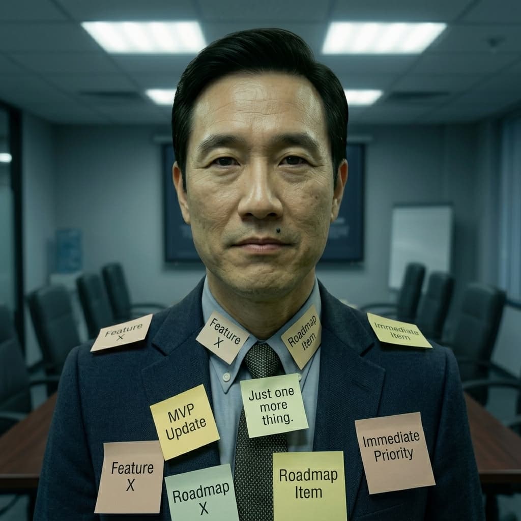 Scope Creep, Adult East Asian male-presenting character representing requirement drift, scope expansion, MVP bloat, delivery risk, and vague roadmap growth. — Tiny CTO: The Chaos Stack character in Mockumentary style.