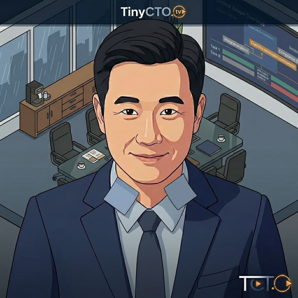 Scope Creep, Adult East Asian male-presenting character representing requirement drift, scope expansion, MVP bloat, delivery risk, and vague roadmap growth. — Tiny CTO: The Chaos Stack character in Isometric style.