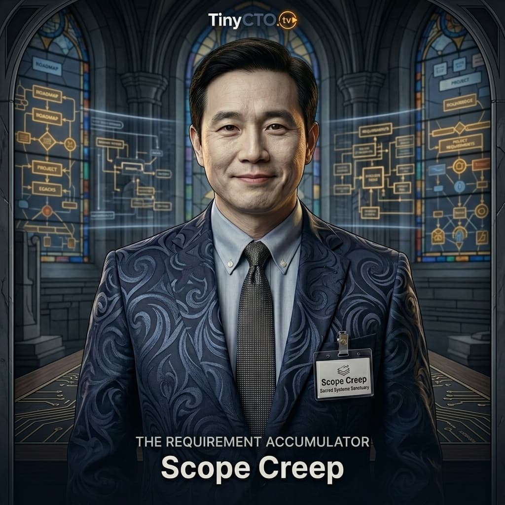 Scope Creep, Adult East Asian male-presenting character representing requirement drift, scope expansion, MVP bloat, delivery risk, and vague roadmap growth. — Tiny CTO: The Chaos Stack character in Sacred Systems style.