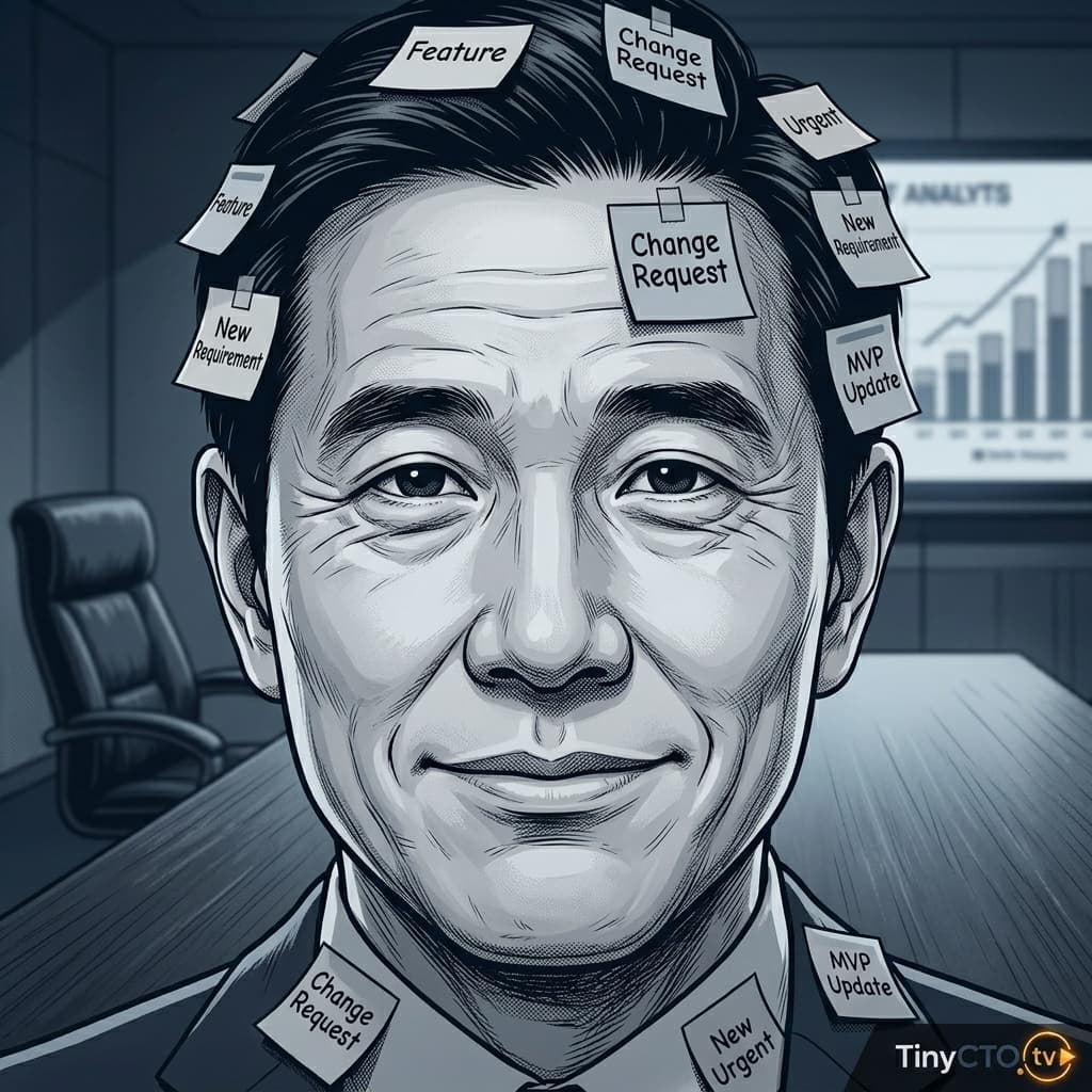 Scope Creep, Adult East Asian male-presenting character representing requirement drift, scope expansion, MVP bloat, delivery risk, and vague roadmap growth. — Tiny CTO: The Chaos Stack character in Seinen style.