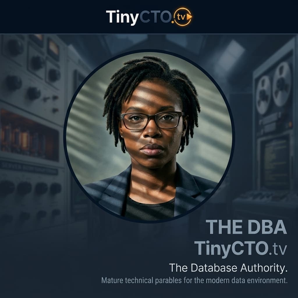 The DBA / Query Czar, Black adult female-presenting database authority representing indexing, query optimization, data integrity, consistency, migrations, and execution plans. — Tiny CTO: The Chaos Stack character in Tech Noir style.