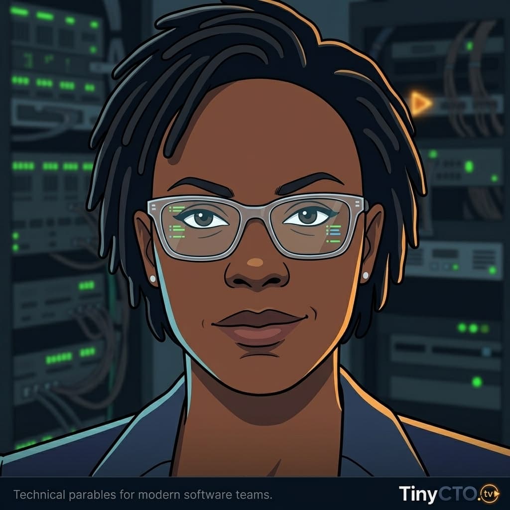 The DBA / Query Czar, Black adult female-presenting database authority representing indexing, query optimization, data integrity, consistency, migrations, and execution plans. — Tiny CTO: The Chaos Stack character in Motion Explainer style.