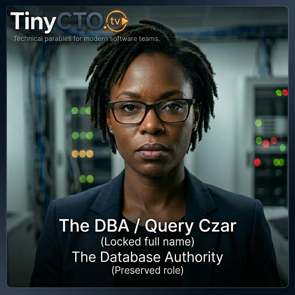 The DBA / Query Czar, Black adult female-presenting database authority representing indexing, query optimization, data integrity, consistency, migrations, and execution plans. — Tiny CTO: The Chaos Stack character in Mockumentary style.