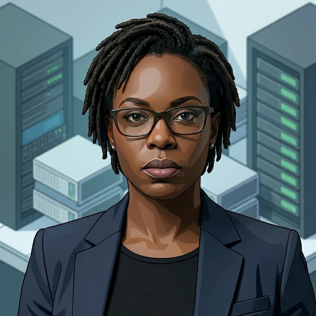 The DBA / Query Czar, Black adult female-presenting database authority representing indexing, query optimization, data integrity, consistency, migrations, and execution plans. — Tiny CTO: The Chaos Stack character in Isometric style.