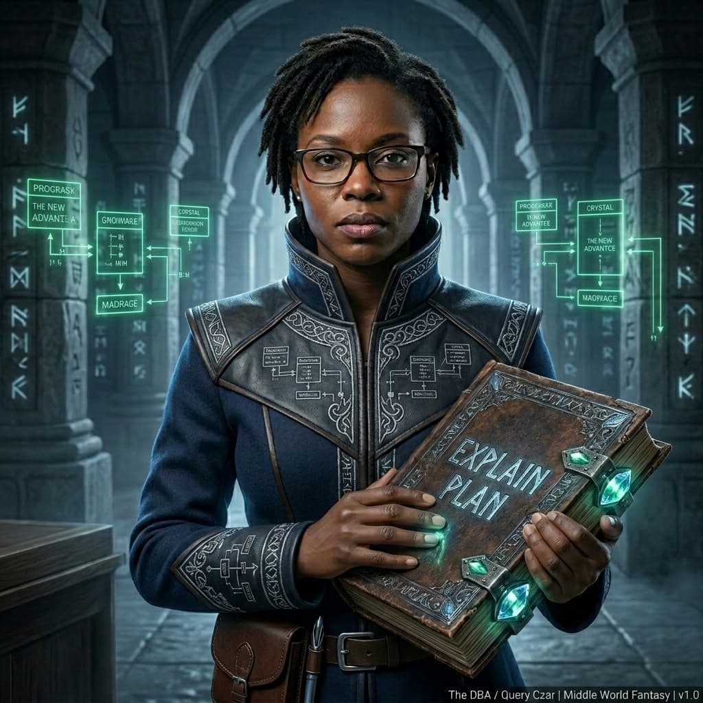 The DBA / Query Czar, Black adult female-presenting database authority representing indexing, query optimization, data integrity, consistency, migrations, and execution plans. — Tiny CTO: The Chaos Stack character in Middle World style.