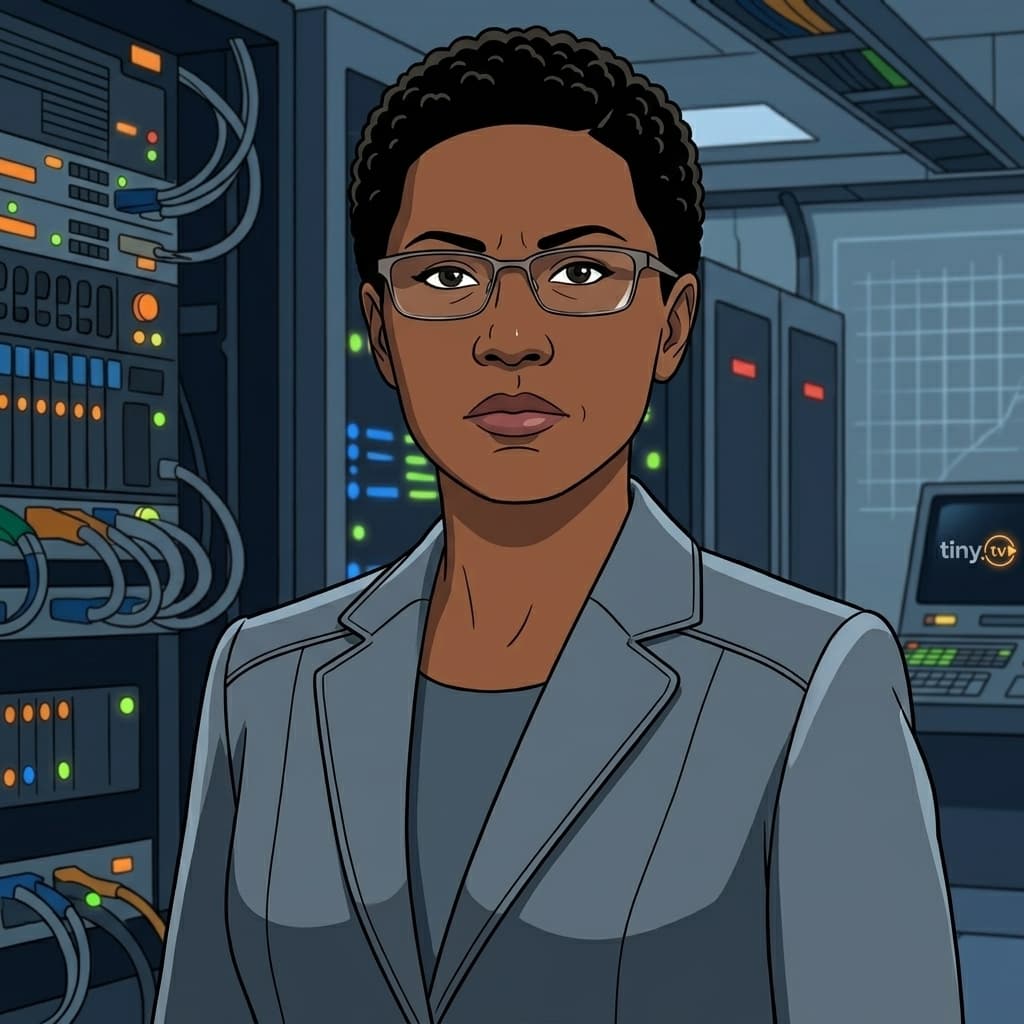 The DBA / Query Czar, Black adult female-presenting database authority representing indexing, query optimization, data integrity, consistency, migrations, and execution plans. — Tiny CTO: The Chaos Stack character in Retro style.