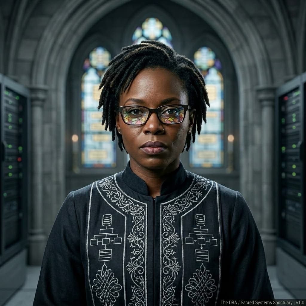 The DBA / Query Czar, Black adult female-presenting database authority representing indexing, query optimization, data integrity, consistency, migrations, and execution plans. — Tiny CTO: The Chaos Stack character in Sacred Systems style.