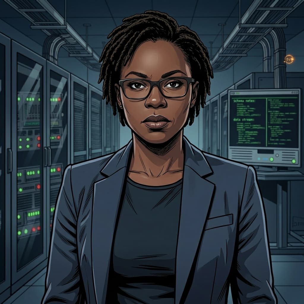 The DBA / Query Czar, Black adult female-presenting database authority representing indexing, query optimization, data integrity, consistency, migrations, and execution plans. — Tiny CTO: The Chaos Stack character in Seinen style.