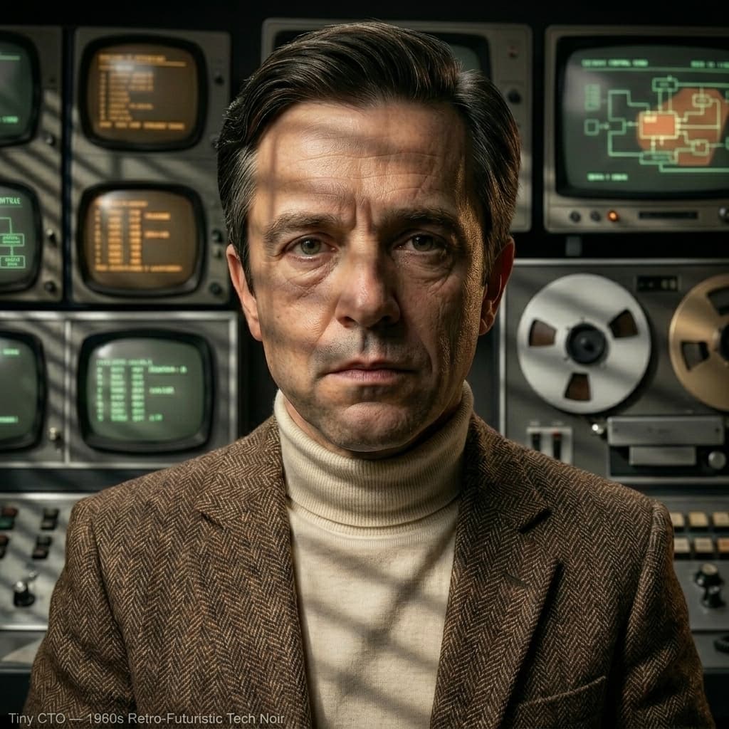 Tiny CTO, Very short adult CTO, title host, narrator, calm adult in chaos, present-tense production-chaos explainer. — Tiny CTO: The Chaos Stack character in Tech Noir style.