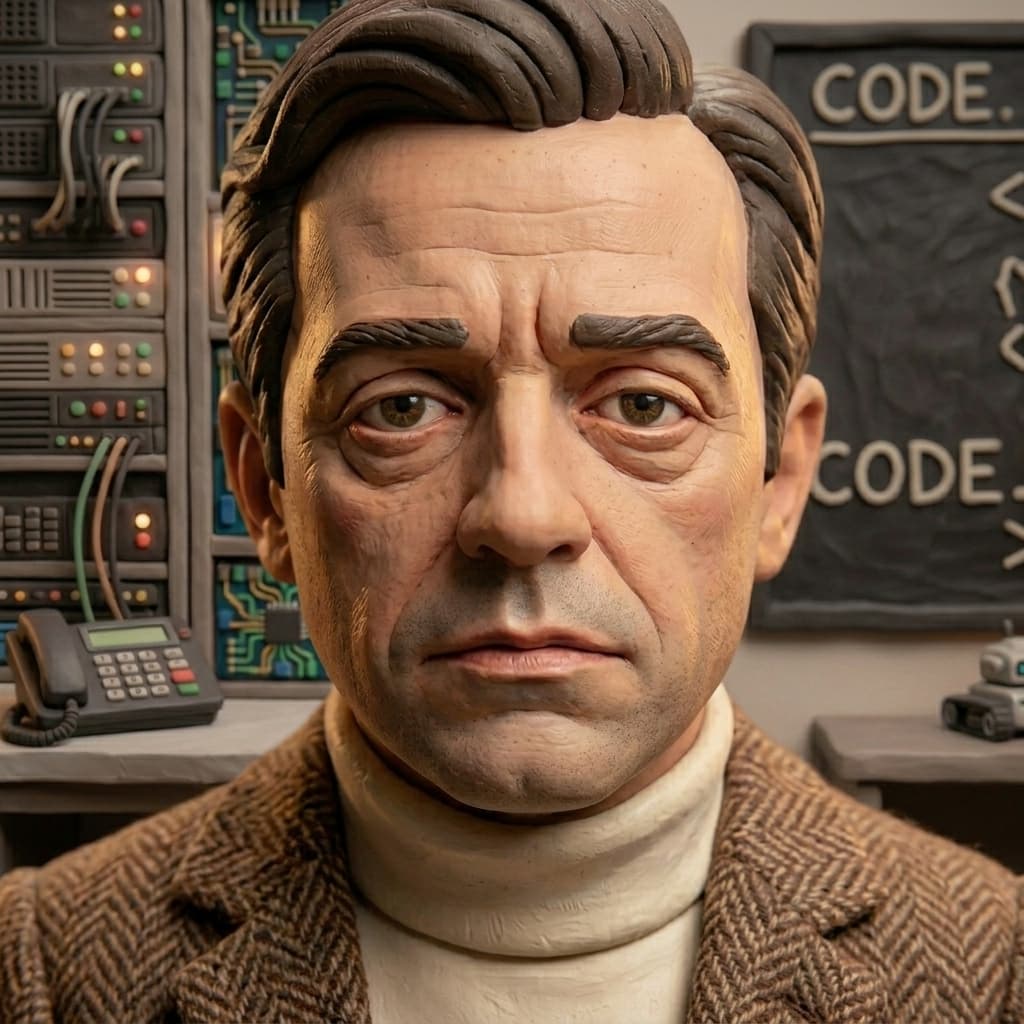 Tiny CTO, Very short adult CTO, title host, narrator, calm adult in chaos, present-tense production-chaos explainer. — Tiny CTO: The Chaos Stack character in Claymation style.