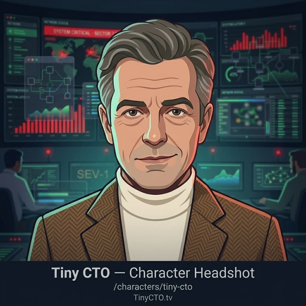 Tiny CTO, Very short adult CTO, title host, narrator, calm adult in chaos, present-tense production-chaos explainer. — Tiny CTO: The Chaos Stack character in Motion Explainer style.