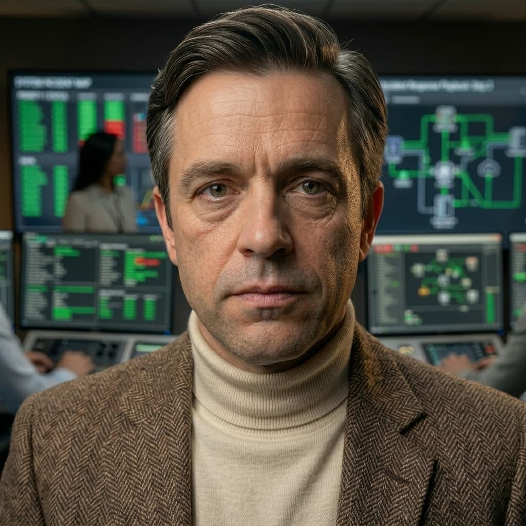 Tiny CTO, Very short adult CTO, title host, narrator, calm adult in chaos, present-tense production-chaos explainer. — Tiny CTO: The Chaos Stack character in Mockumentary style.
