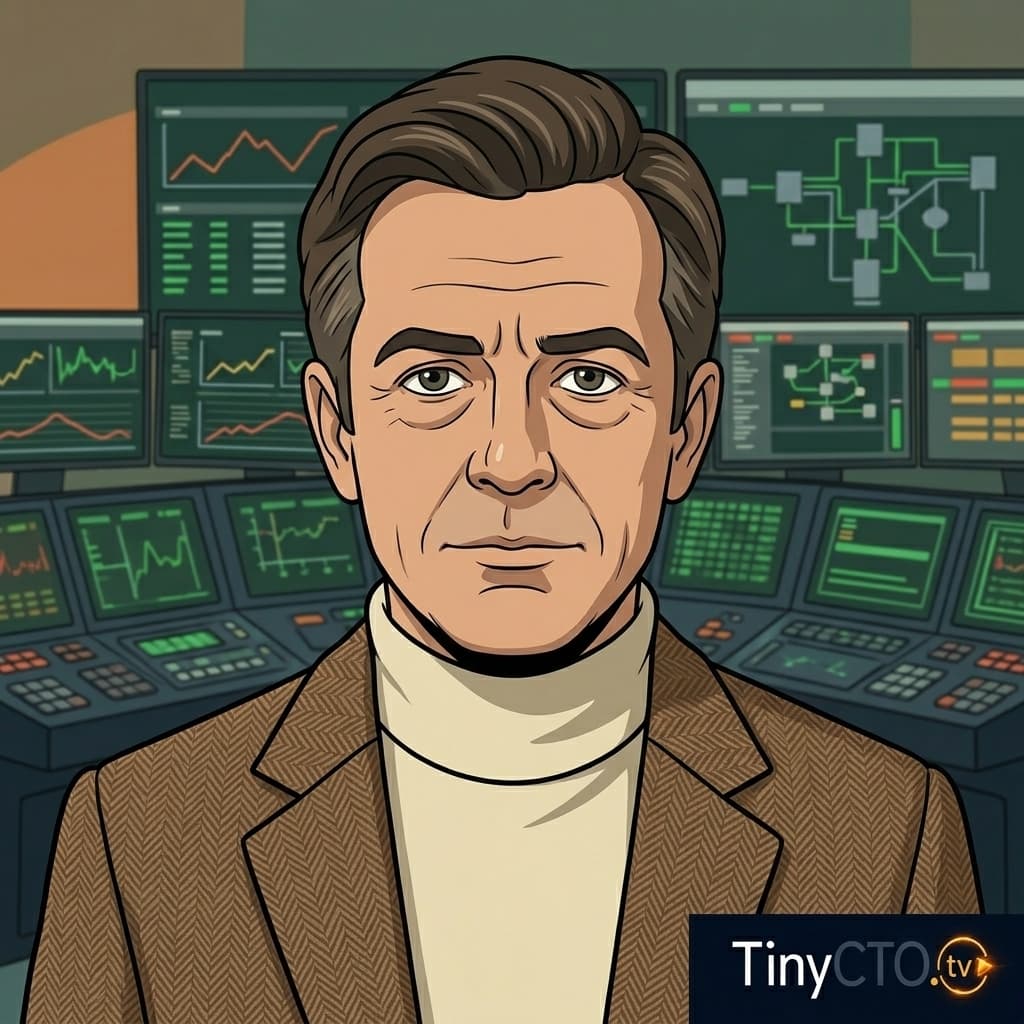 Tiny CTO, Very short adult CTO, title host, narrator, calm adult in chaos, present-tense production-chaos explainer. — Tiny CTO: The Chaos Stack character in Retro style.