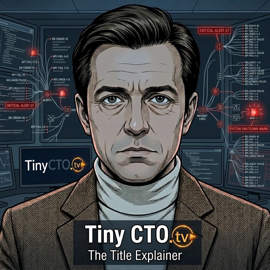 Tiny CTO, Very short adult CTO, title host, narrator, calm adult in chaos, present-tense production-chaos explainer. — Tiny CTO: The Chaos Stack character in Seinen style.