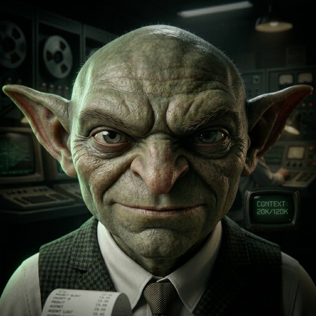 Token Goblin, Fantasy-light adult office gremlin/cost auditor representing tokens, context windows, LLM costs, prompt bloat, and agent-loop waste. — Tiny CTO: The Chaos Stack character in Tech Noir style.