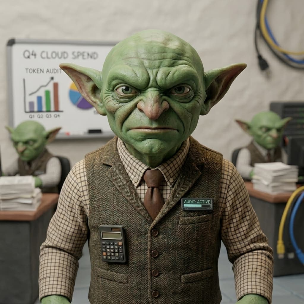 Token Goblin, Fantasy-light adult office gremlin/cost auditor representing tokens, context windows, LLM costs, prompt bloat, and agent-loop waste. — Tiny CTO: The Chaos Stack character in Claymation style.