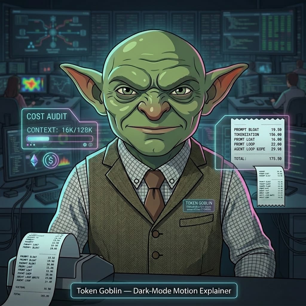 Token Goblin, Fantasy-light adult office gremlin/cost auditor representing tokens, context windows, LLM costs, prompt bloat, and agent-loop waste. — Tiny CTO: The Chaos Stack character in Motion Explainer style.