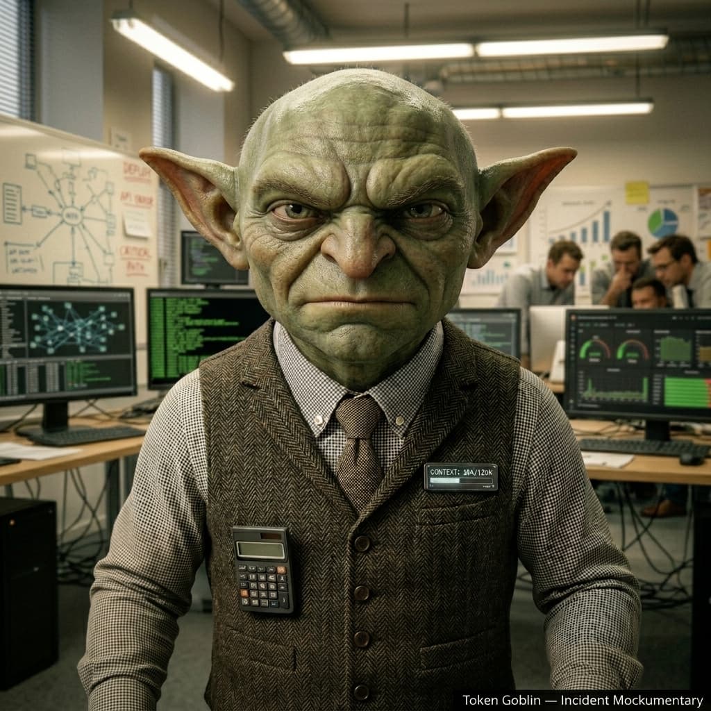 Token Goblin, Fantasy-light adult office gremlin/cost auditor representing tokens, context windows, LLM costs, prompt bloat, and agent-loop waste. — Tiny CTO: The Chaos Stack character in Mockumentary style.