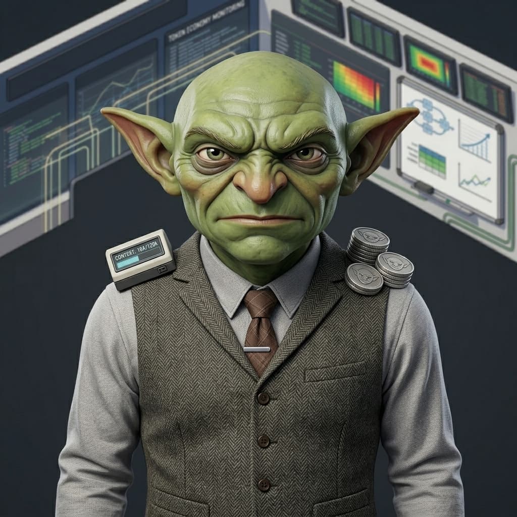 Token Goblin, Fantasy-light adult office gremlin/cost auditor representing tokens, context windows, LLM costs, prompt bloat, and agent-loop waste. — Tiny CTO: The Chaos Stack character in Isometric style.