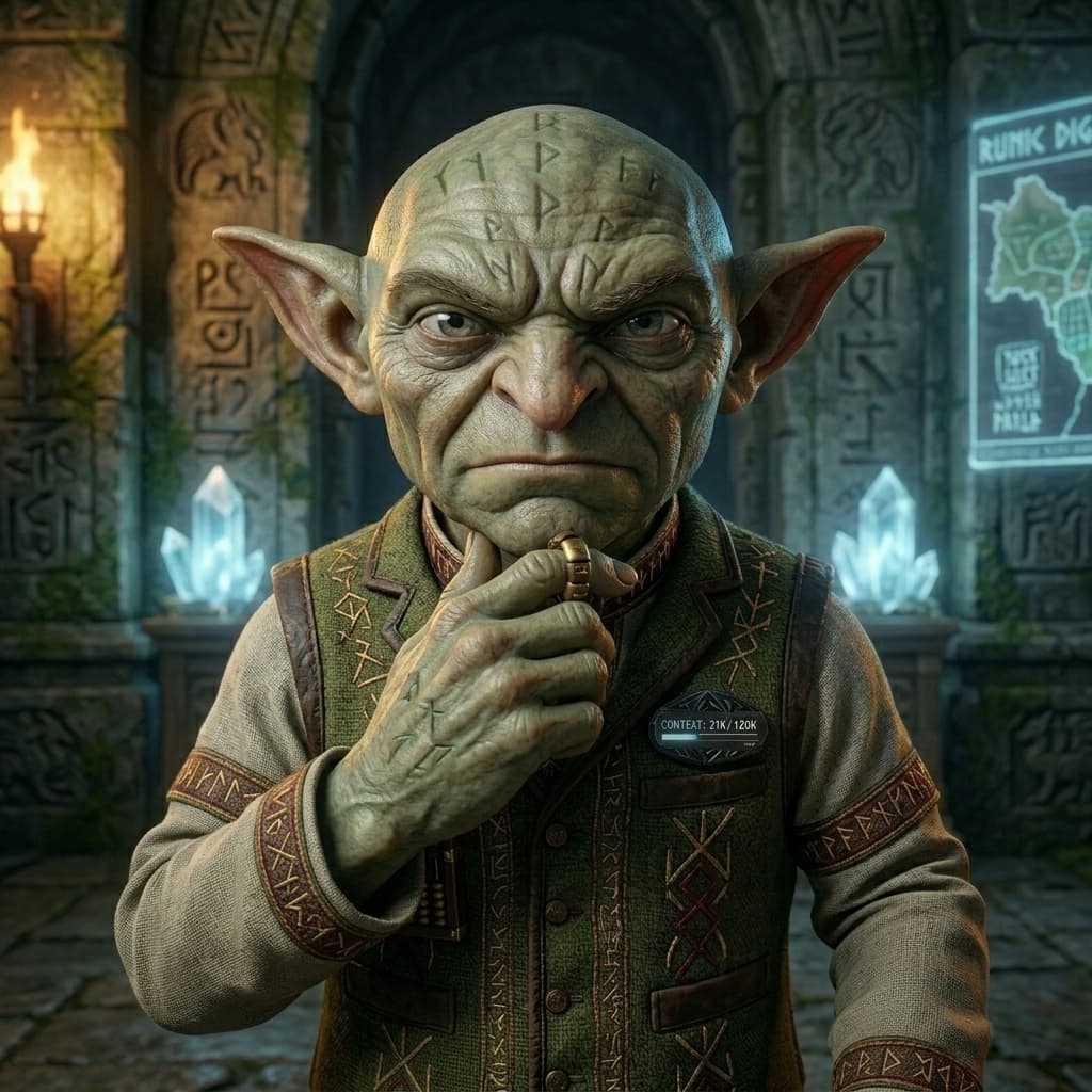 Token Goblin, Fantasy-light adult office gremlin/cost auditor representing tokens, context windows, LLM costs, prompt bloat, and agent-loop waste. — Tiny CTO: The Chaos Stack character in Middle World style.