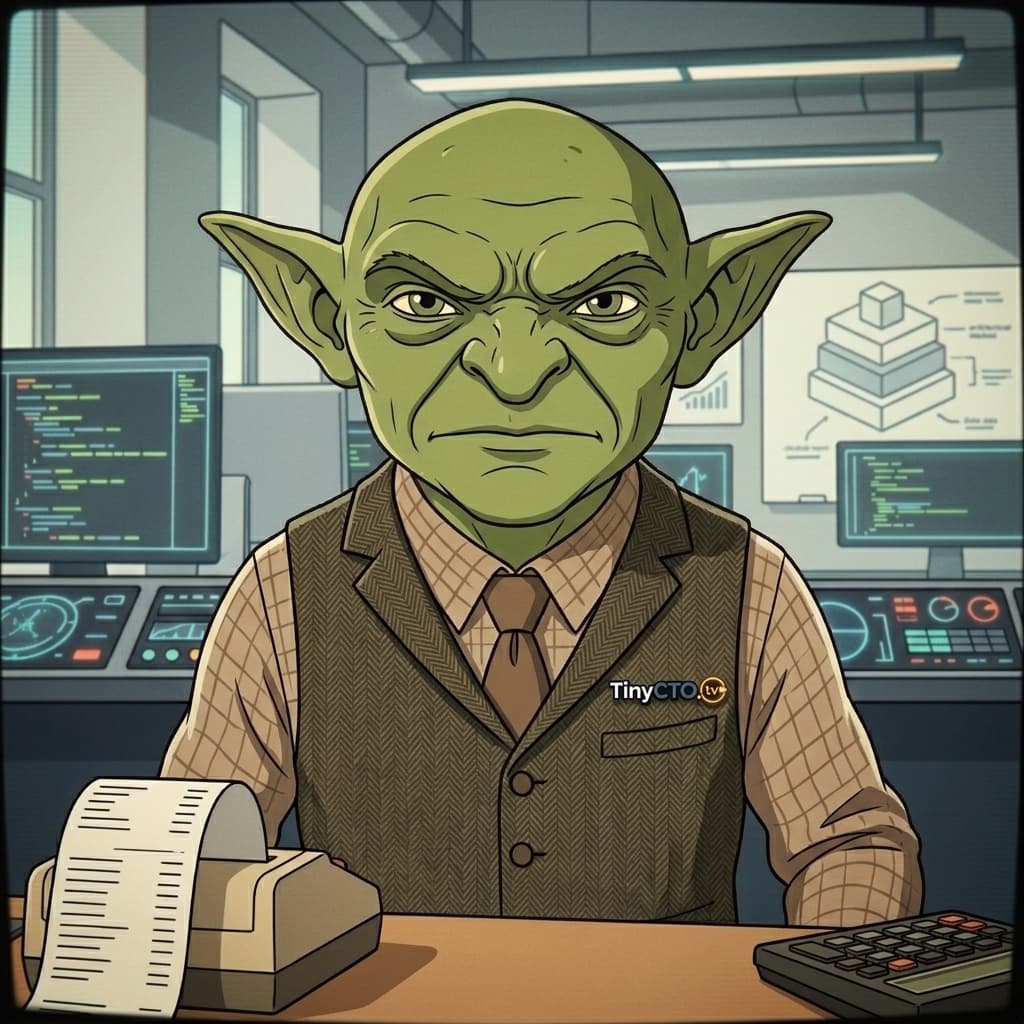 Token Goblin, Fantasy-light adult office gremlin/cost auditor representing tokens, context windows, LLM costs, prompt bloat, and agent-loop waste. — Tiny CTO: The Chaos Stack character in Retro style.