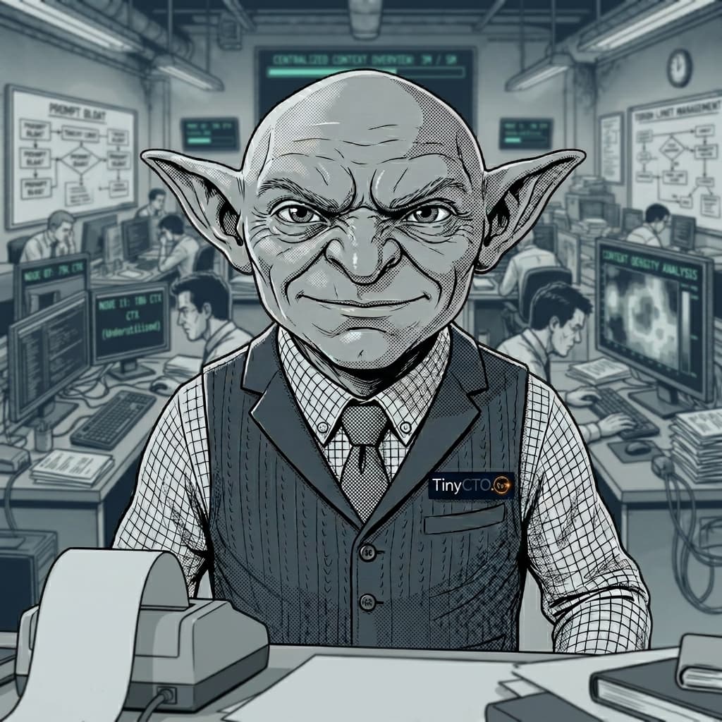 Token Goblin, Fantasy-light adult office gremlin/cost auditor representing tokens, context windows, LLM costs, prompt bloat, and agent-loop waste. — Tiny CTO: The Chaos Stack character in Seinen style.