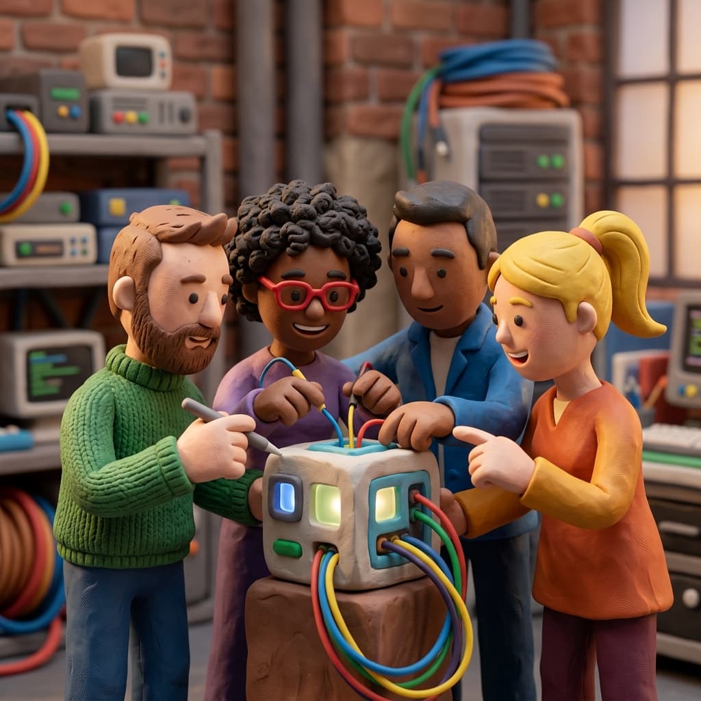 Application Development Team in Claymation Tech Parable style.
