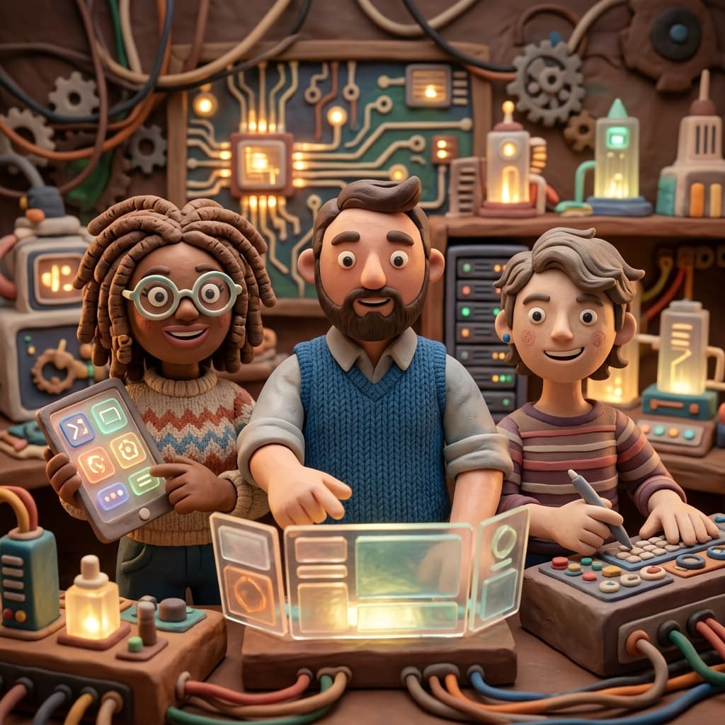 Frontend/UI Engineering Team in Claymation Tech Parable style.