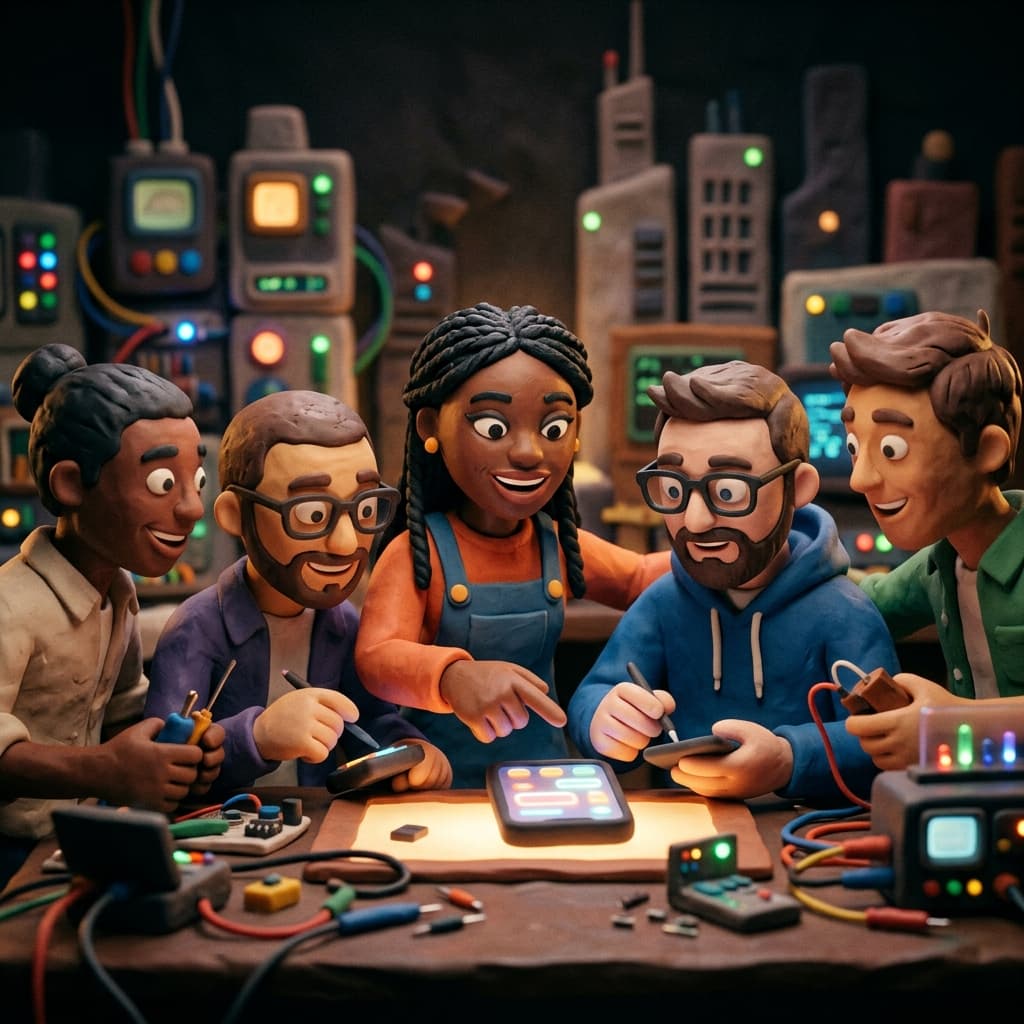 Mobile Engineering Team in Claymation Tech Parable style.