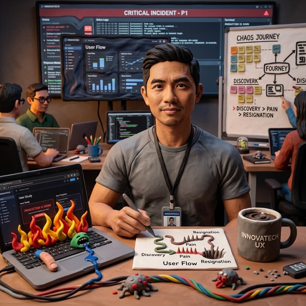 The UX Researcher in Claymation Tech Parable style.