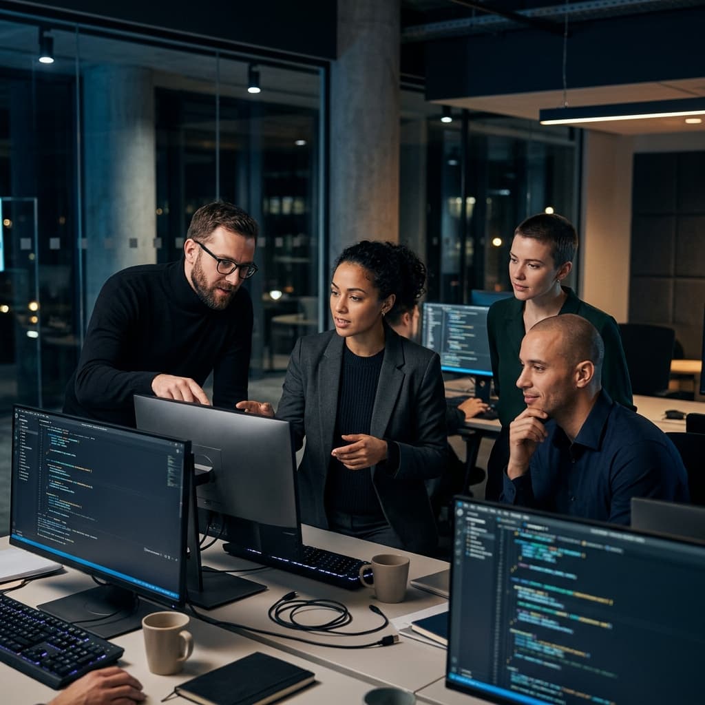 Application Development Team in Corporate - Dark Mode style.
