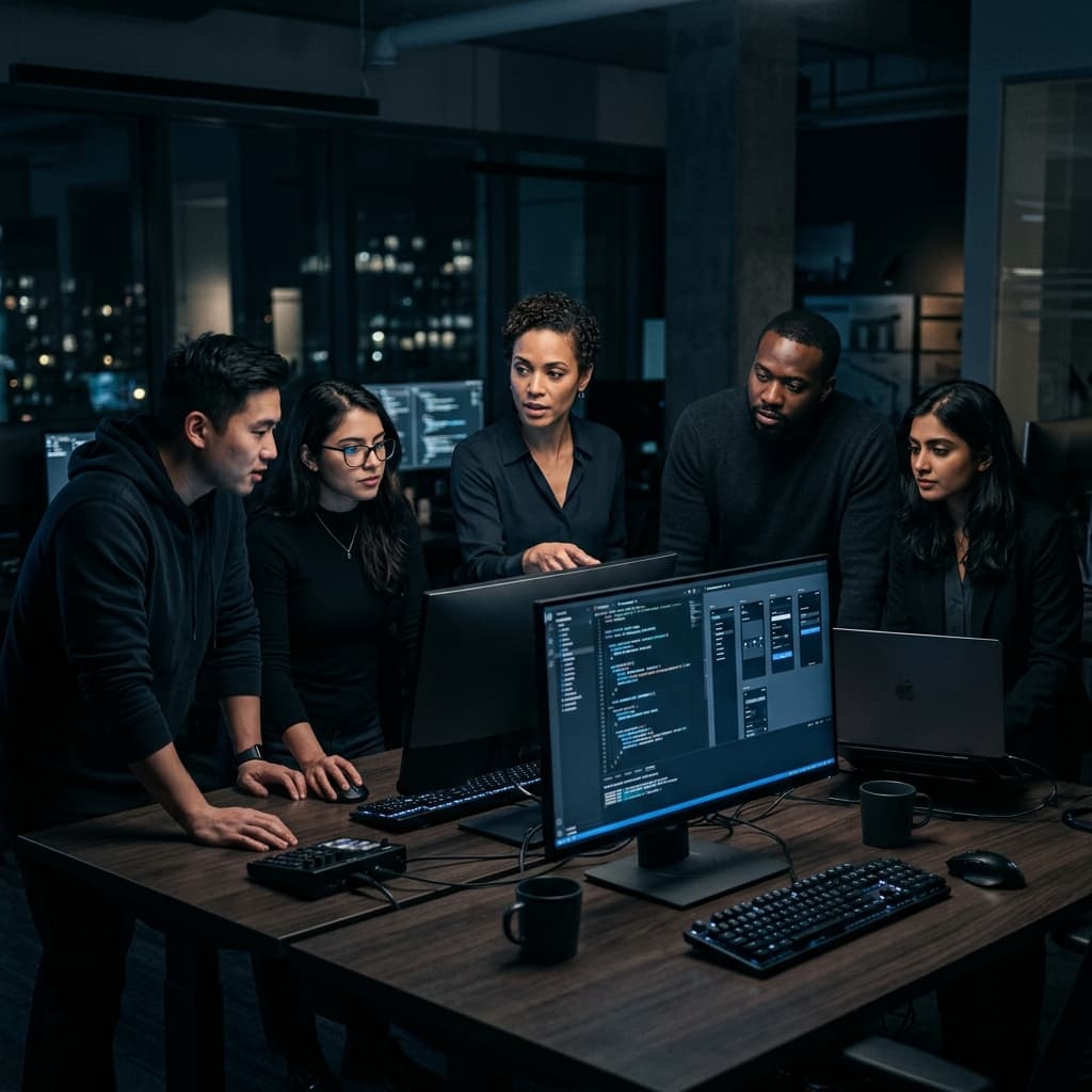 Frontend/UI Engineering Team in Corporate - Dark Mode style.