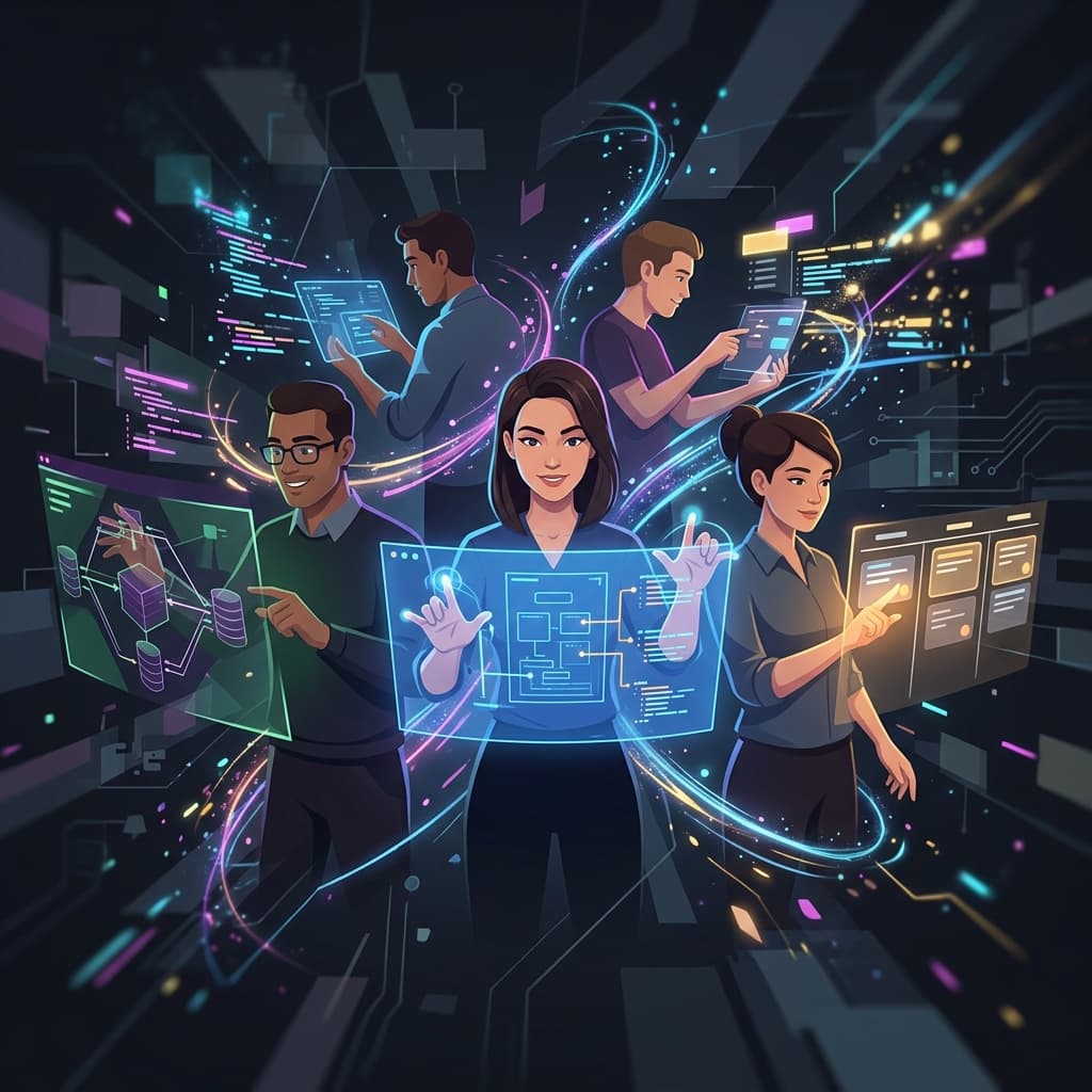 Application Development Team in Dark-Mode Motion Explainer style.